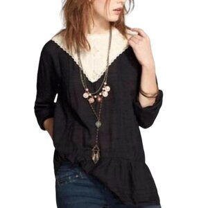 Free People Heart Of Darkness Cutout Lace Long Sleeve Blouse Black Cream Large